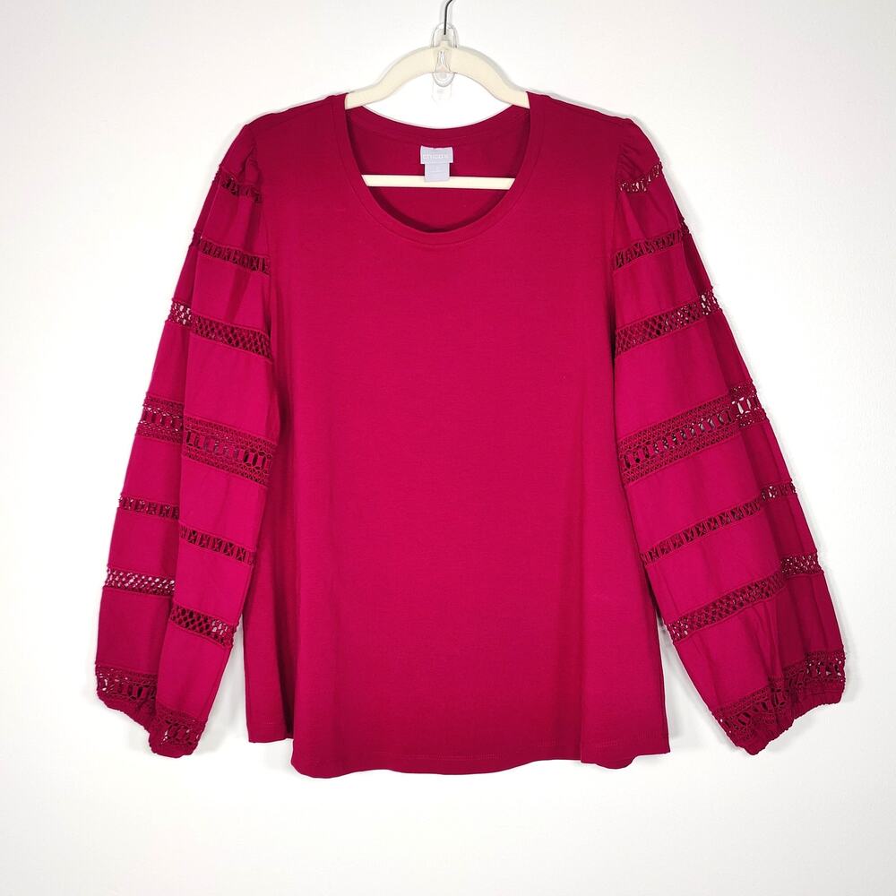 Chico’s Raspberry Balloon Sleeve Lace Trim Blouse Top Size 2 (12/14)